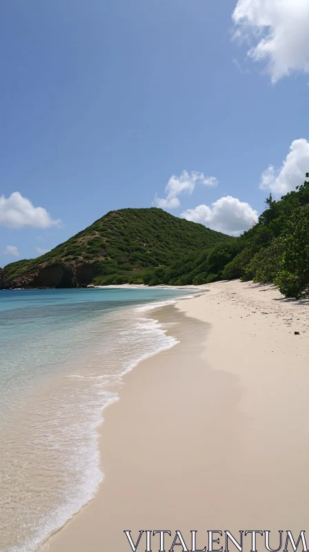 AI ART Serene Island Beach with Clear Waters and Green Hill