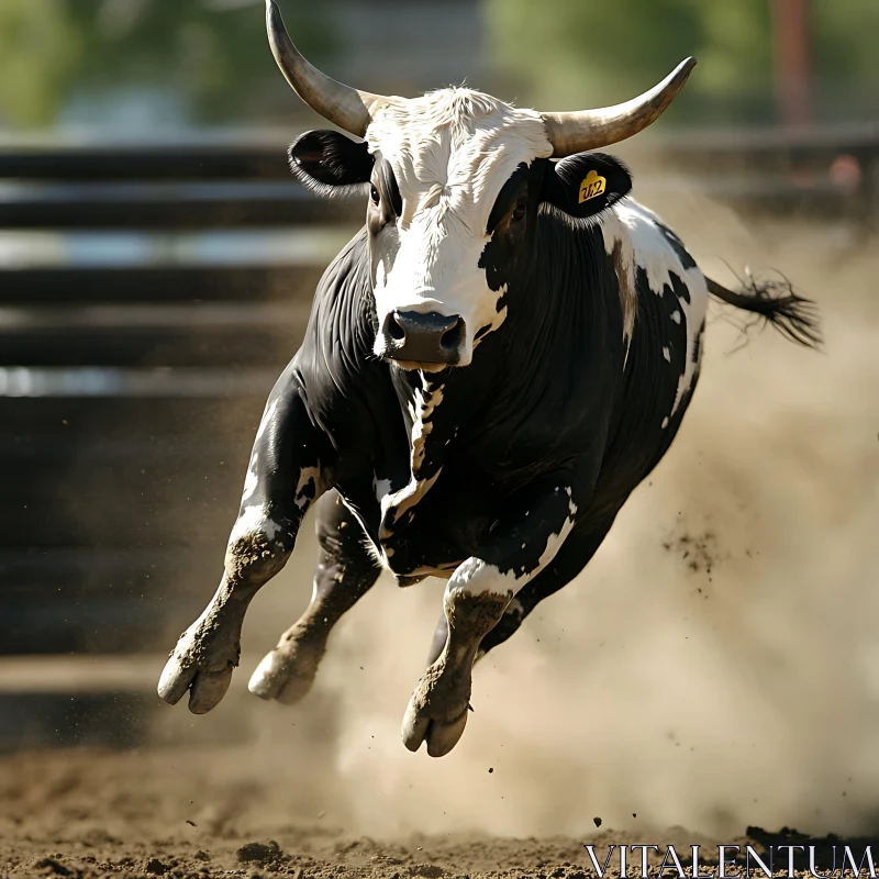 Black and White Bull Running Amidst Dust Cloud AI Image