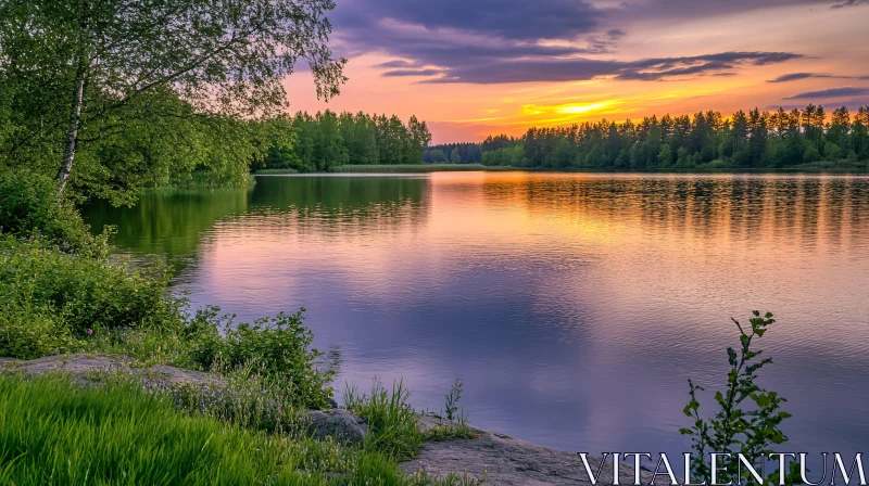 AI ART Tranquil Sunset at Lake with Lush Vegetation