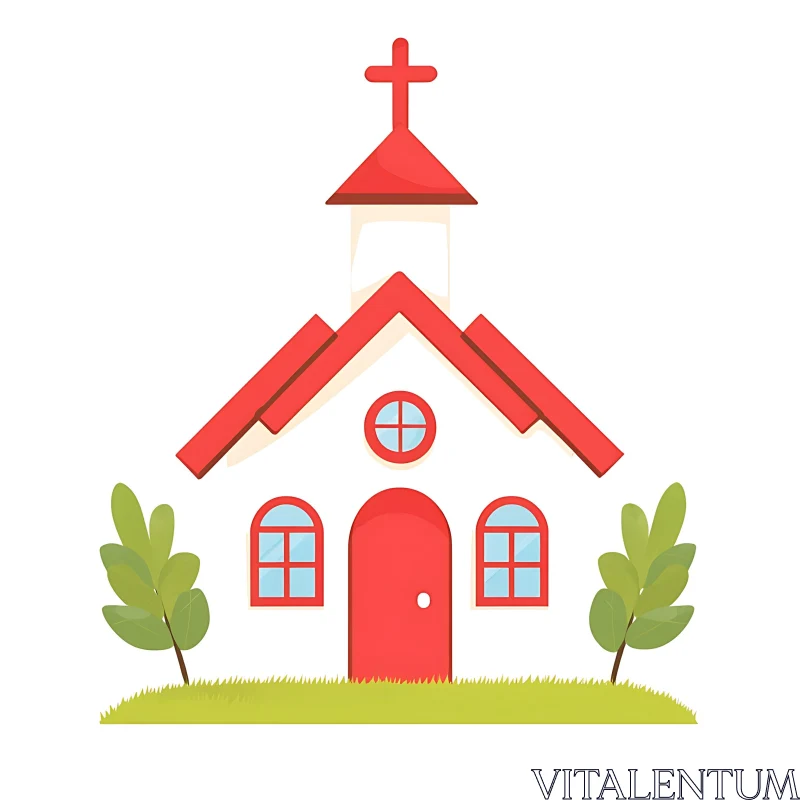 Cartoon Church with Red Accents and Green Trees AI Image