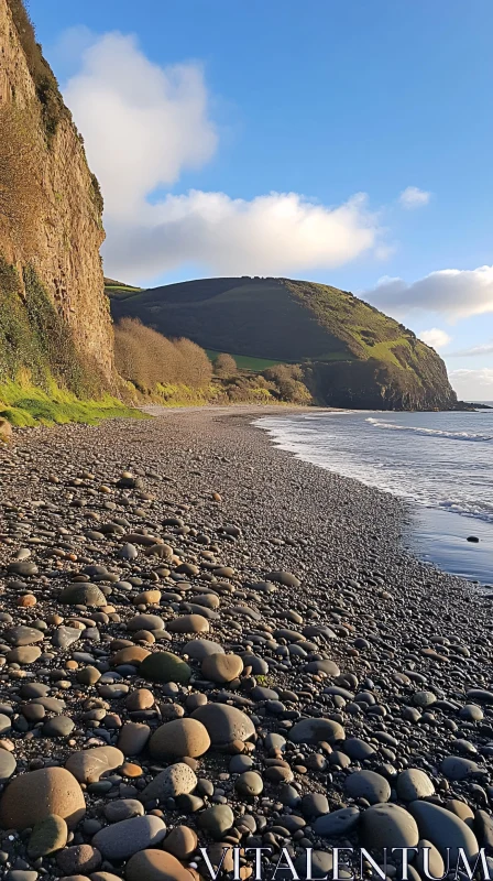 Scenic Pebbled Shoreline with Rugged Cliffs AI Image