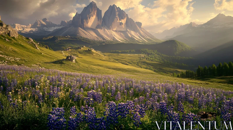 Lupine Meadow Under Majestic Mountain Sunset AI Image