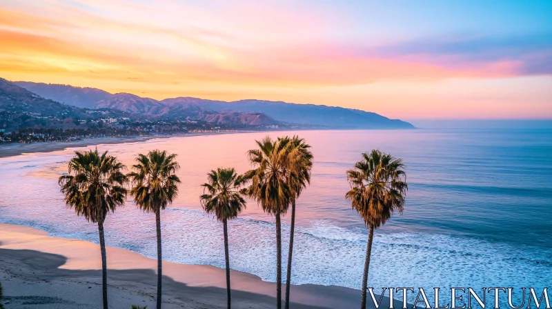 AI ART Stunning Beach Sunset With Palms and Calm Waves