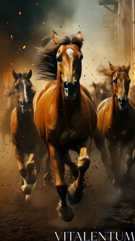 Chaotic Gallop: A Spectacle of Brown Horses in Motion AI Image