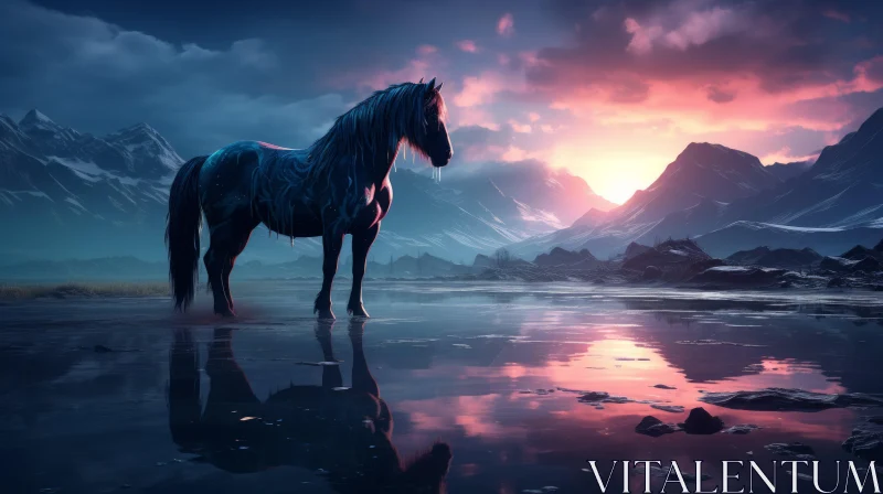 Dark Fantasy Horse Scene with Sunrise over Mountains AI Image