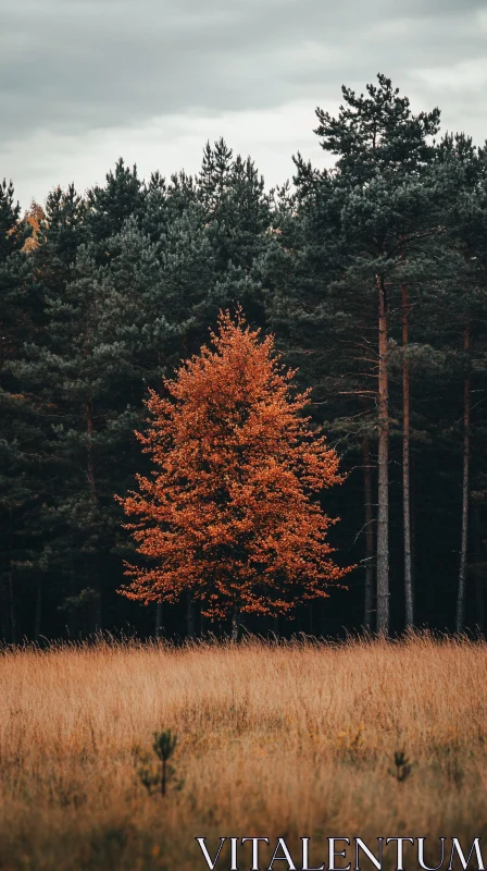 AI ART Lonely Orange Tree Amidst Evergreen Forest