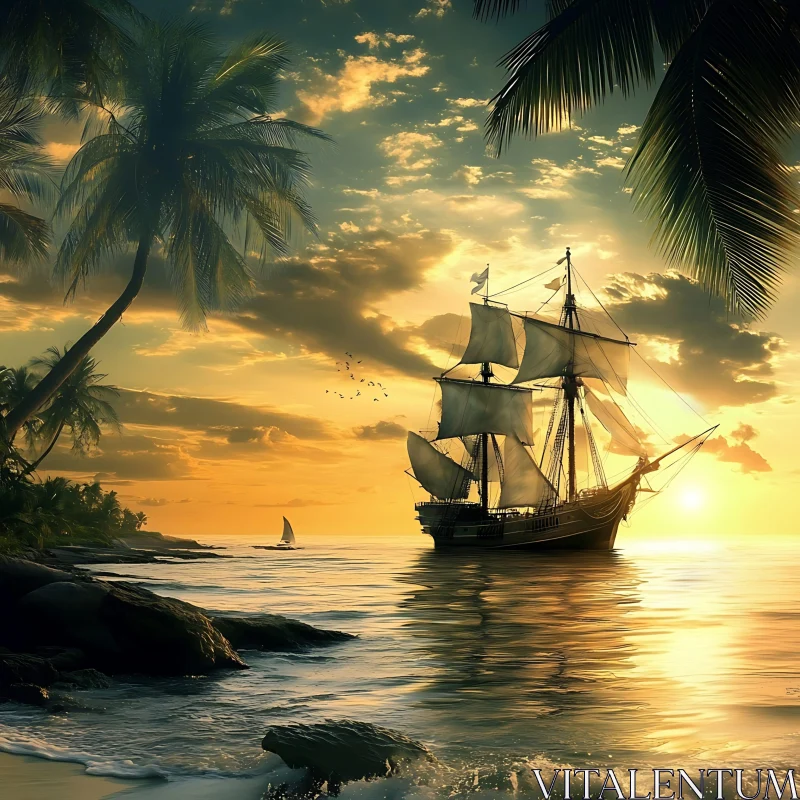 Tropical Sunset with Sailing Ship AI Image