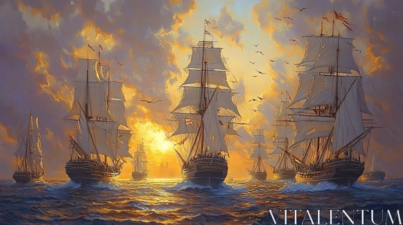 Oceanic Sunset with Sailing Fleet AI Image