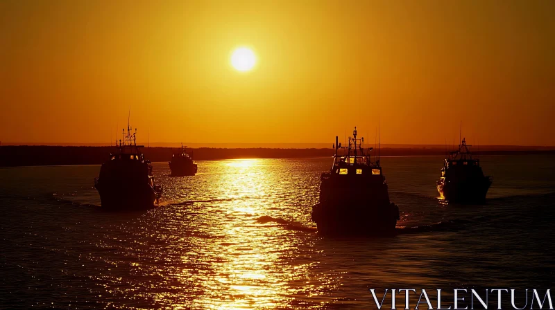 Golden Sunset with Silhouetted Boats AI Image