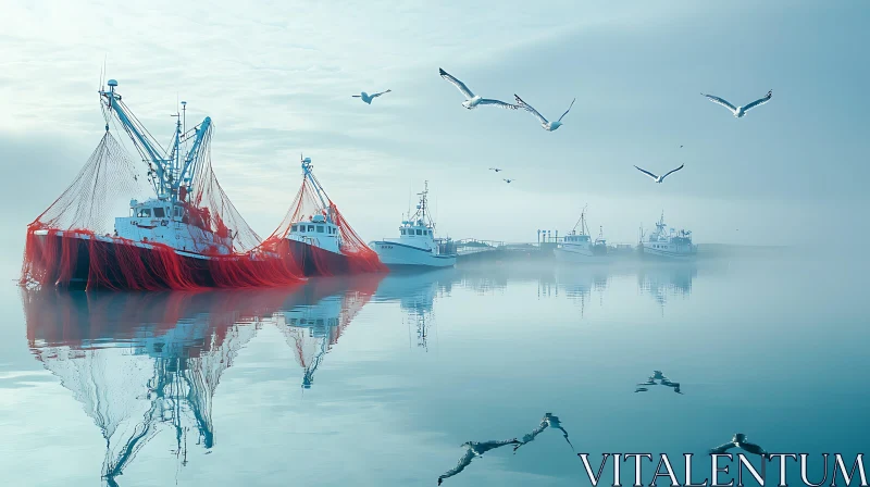 Fishing Boats and Seagulls on Misty Calm Waters AI Image