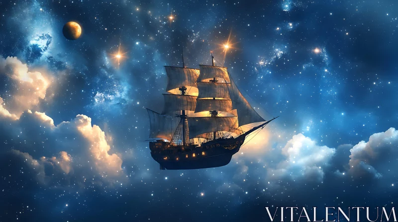 Surreal Ship Sailing Through Space and Clouds AI Image