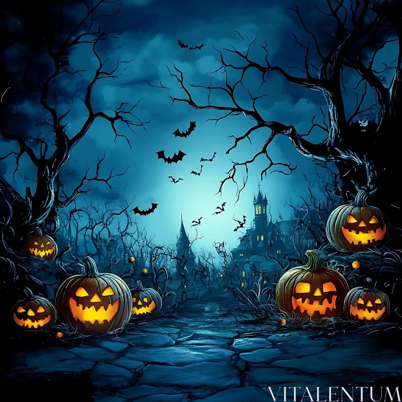 Eerie Halloween Scene: Haunted House and Jack-o'-Lanterns AI Image