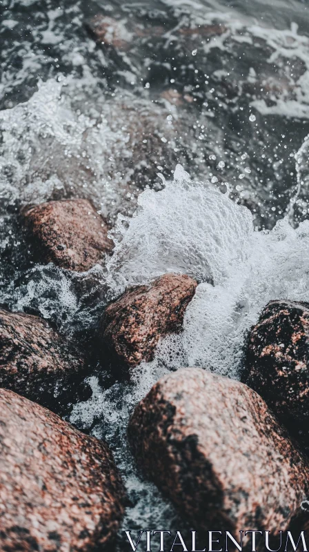 Splashing Water on a Rocky Shoreline with Granite Rocks AI Image