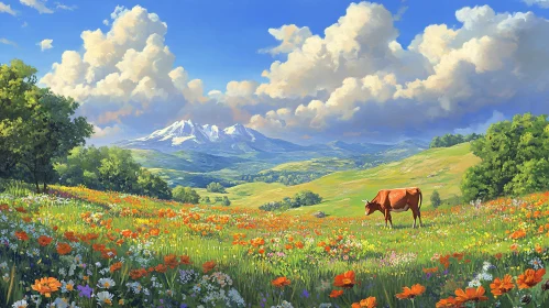 Tranquil Meadow Scene with Grazing Cow and Mountains