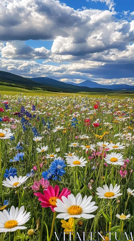 AI ART Vibrant Wildflower Field with Mountain Backdrop