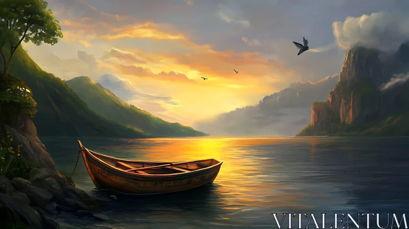 Tranquil Lake Sunset with Boat and Birds AI Image