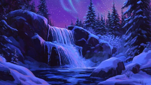 Aurora Sky Over Snowy Waterfall