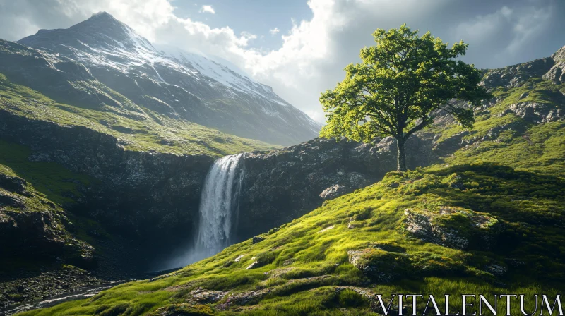 AI ART Majestic Mountain with Waterfall Scene