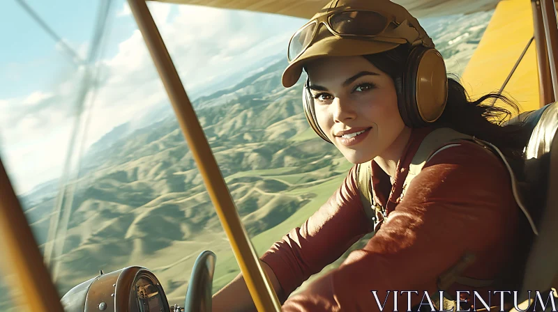 Female Aviator in Cockpit Soaring Above Scenic Landscape AI Image