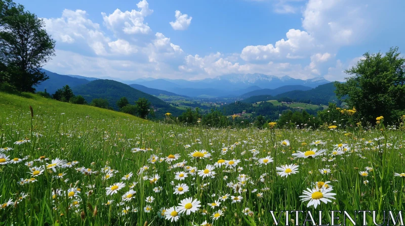 Serene Meadow of Daisies with Mountainous Horizon AI Image