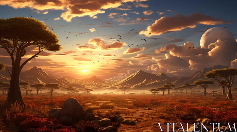 Fantasy Landscape with Sun and Mountains - Adventure Themed African Art AI Image