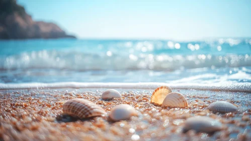 Tranquil Seashore with Seashells and Ocean Waves