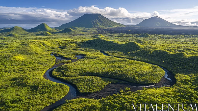 AI ART Scenic Aerial Shot of River and Volcano Range