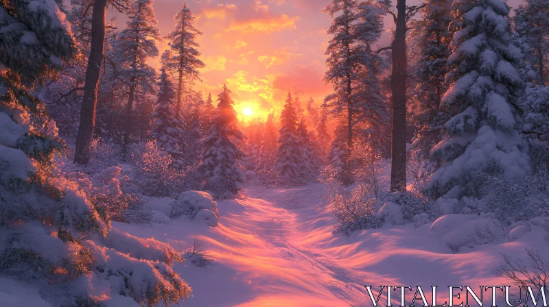 Snowy Forest at Sunset AI Image