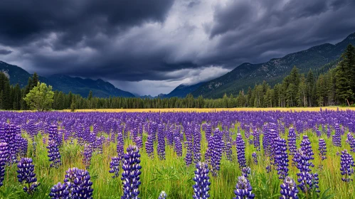 Purple Lupine Flowers in Mountain Landscape