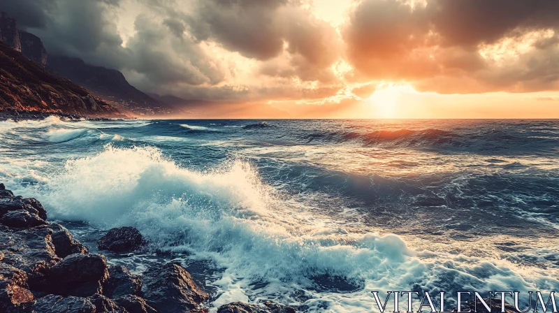 Sunset over Coastal Waves and Rocks AI Image