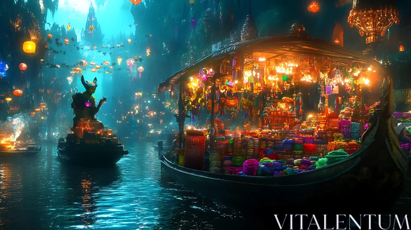 Mystical Floating Market at Night AI Image