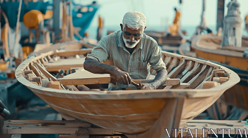 Skilled Carpenter Building a Wooden Boat at Dockyard AI Image