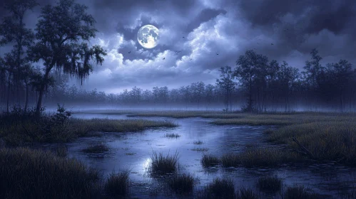 Moonlit Night in a Tranquil Swamp