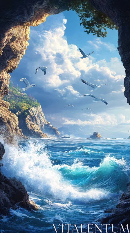 Breathtaking Ocean View from Cave with Waves and Seagulls AI Image