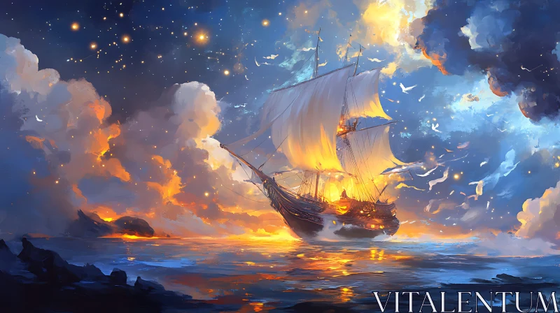 Sunset Voyage of a Majestic Tall Ship AI Image