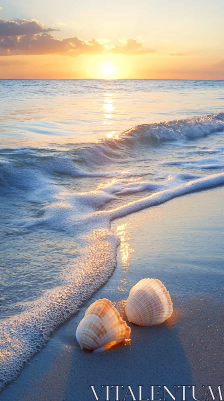 Sunset at the Beach with Seashells and Waves AI Image