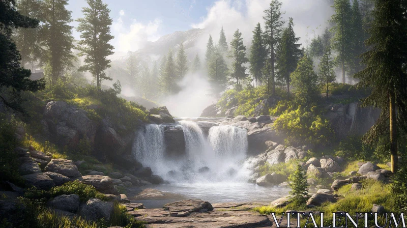 AI ART Misty Forest Waterfall Scene