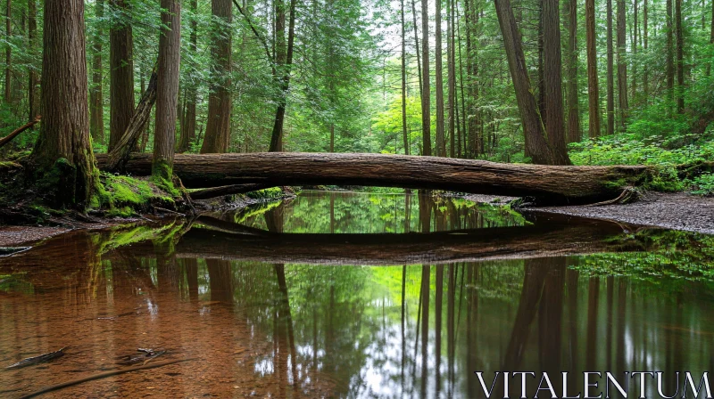 AI ART Peaceful Forest Reflection with Log Bridge