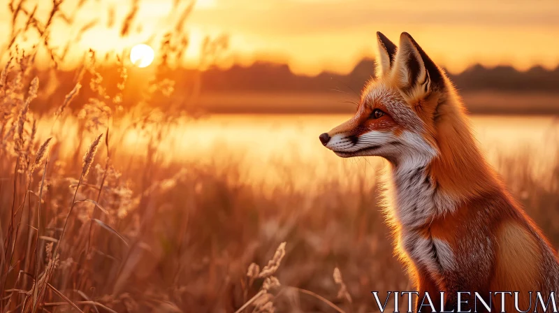 Fox Gazing at Sunset in a Natural Setting AI Image