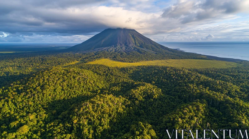 Mountain with Clouds Above Lush Forest and Sea AI Image