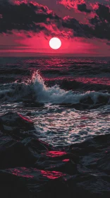 Crimson Sunset over Churning Sea