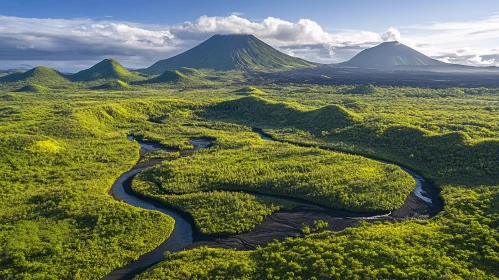 Scenic Aerial Shot of River and Volcano Range