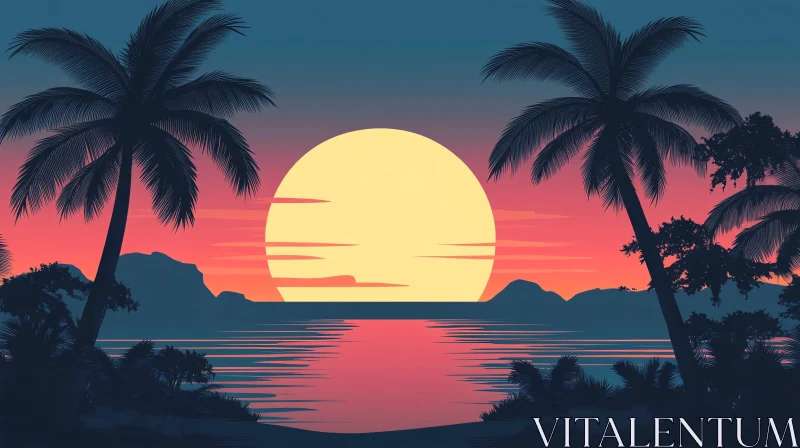 Tropical Beach Sunset with Palm Trees AI Image