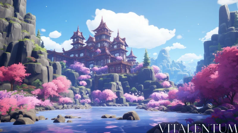 Enchanting Anime-Style Castle amidst Pink Trees and Water AI Image