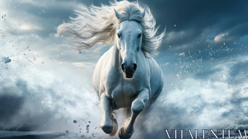 Mystic White Horse in Waves: A Blend of Fantasy and Technology AI Image
