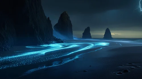 Neon Blue Beach Waves under a Stormy Sky