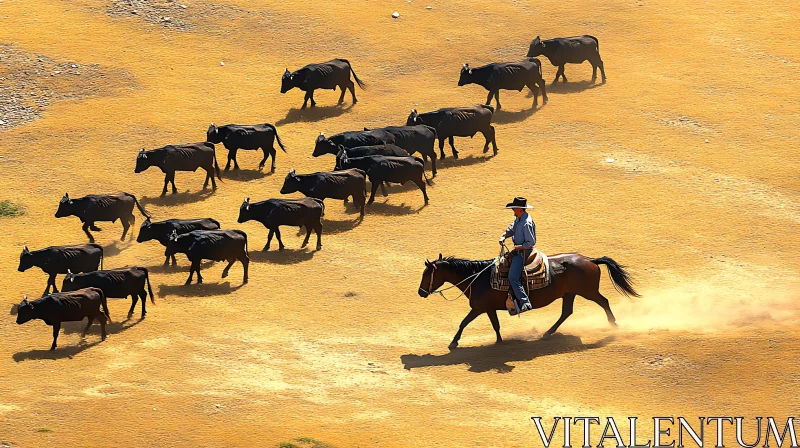 Horseback Cowboy Guiding Cattle AI Image