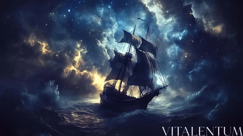 Enigmatic Night Journey of a Sailing Vessel AI Image