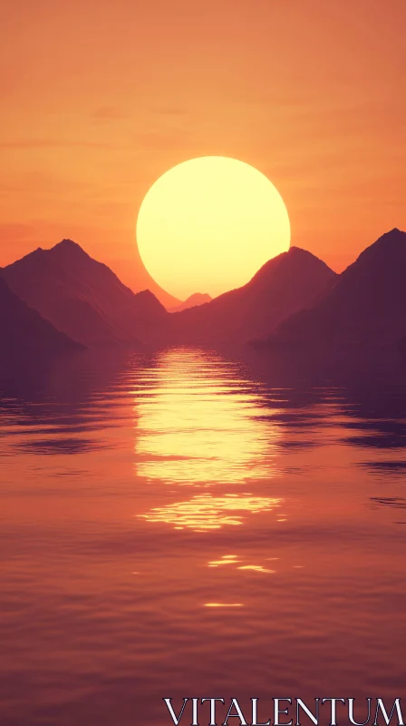 AI ART Sunset Glow Over Mountains and Reflective Waters