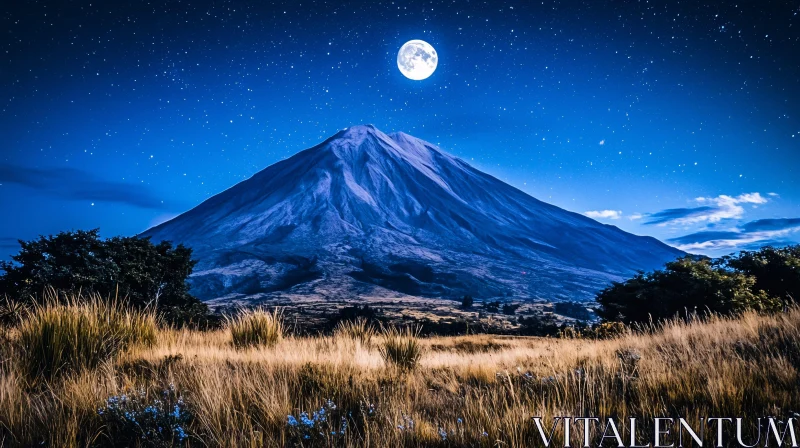 Night-Time Mountain Scene with Moon and Stars AI Image